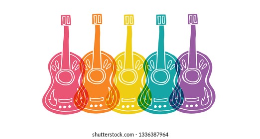 Cute Rainbow Color Set or Collection of Cinco De Mayo Guitar. Flat Line Icon, Sign, and Symbol on Isolated Background. Vector Illustration.