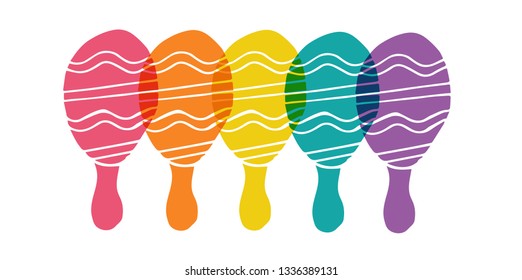 Cute Rainbow Color Set or Collection of Cinco De Mayo Maracas. Flat Line Icon, Sign, and Symbol on Isolated Background. Vector Illustration.
