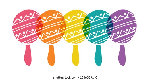 Cute Rainbow Color Set or Collection of Cinco De Mayo Maracas. Flat Line Icon, Sign, and Symbol on Isolated Background. Vector Illustration.