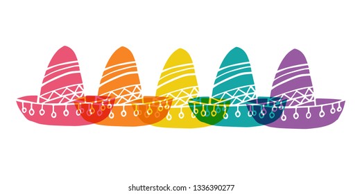 Cute Rainbow Color Set or Collection of Cinco De Mayo Hat. Flat Line Icon, Sign, and Symbol on Isolated Background. Vector Illustration.