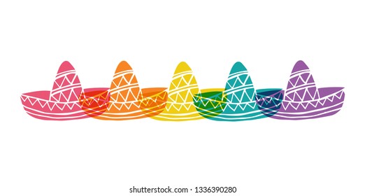 Cute Rainbow Color Set or Collection of Cinco De Mayo Hat. Flat Line Icon, Sign, and Symbol on Isolated Background. Vector Illustration.