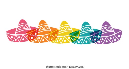 Cute Rainbow Color Set or Collection of Cinco De Mayo Hat. Flat Line Icon, Sign, and Symbol on Isolated Background. Vector Illustration.