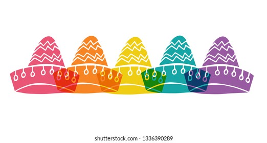 Cute Rainbow Color Set or Collection of Cinco De Mayo Hat. Flat Line Icon, Sign, and Symbol on Isolated Background. Vector Illustration.