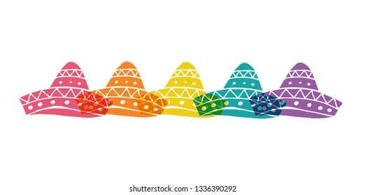 Cute Rainbow Color Set or Collection of Cinco De Mayo Hat. Flat Line Icon, Sign, and Symbol on Isolated Background. Vector Illustration.