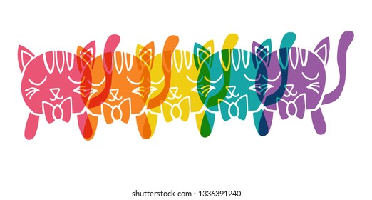 Cute Rainbow Color Set or Collection of Cat Animal. Flat Line Icon, Sign, and Symbol on Isolated Background. Vector Illustration.