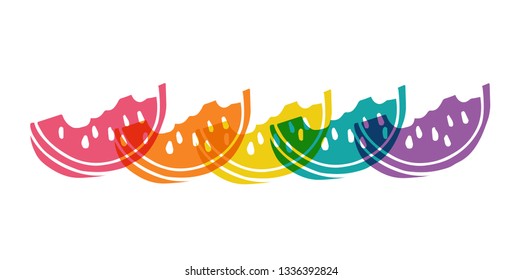 Cute Rainbow Color Set or Collection of Watermelon Fruit. Flat Line Icon, Sign, and Symbol on Isolated Background. Vector Illustration.