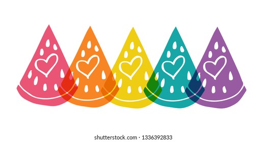 Cute Rainbow Color Set or Collection of Watermelon Fruit. Flat Line Icon, Sign, and Symbol on Isolated Background. Vector Illustration.