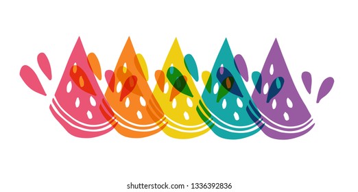Cute Rainbow Color Set or Collection of Watermelon Fruit. Flat Line Icon, Sign, and Symbol on Isolated Background. Vector Illustration.