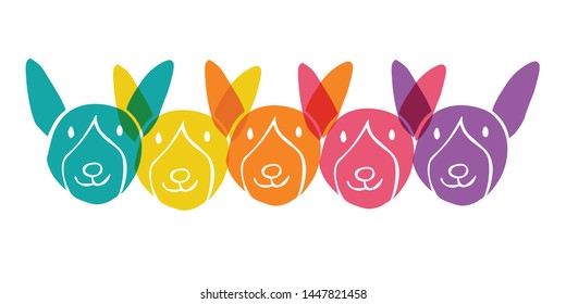 Cute Rainbow Color Set or Collection of Animal Cartoon Dog or Puppy. Flat Line Icon, Sign, and Symbol on Isolated Background. Vector Illustration.