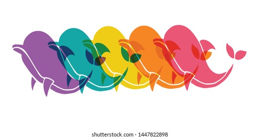 Cute Rainbow Color Set or Collection of Animal Cartoon Dolphin. Flat Line Icon, Sign, and Symbol on Isolated Background. Vector Illustration.