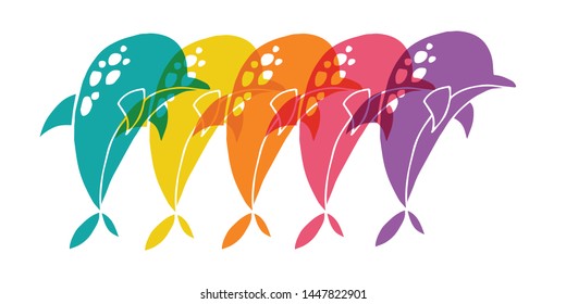 Cute Rainbow Color Set or Collection of Animal Cartoon Dolphin. Flat Line Icon, Sign, and Symbol on Isolated Background. Vector Illustration.
