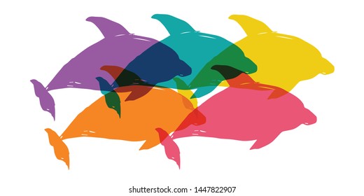 Cute Rainbow Color Set or Collection of Animal Cartoon Dolphin. Flat Line Icon, Sign, and Symbol on Isolated Background. Vector Illustration.