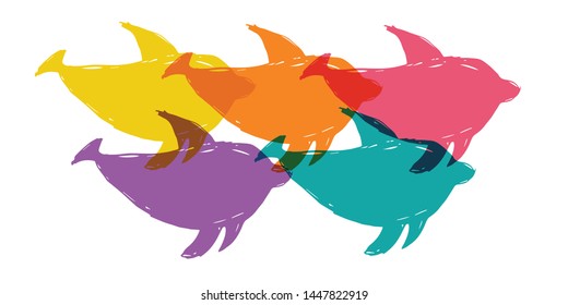 Cute Rainbow Color Set or Collection of Animal Cartoon Dolphin. Flat Line Icon, Sign, and Symbol on Isolated Background. Vector Illustration.