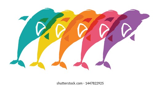 Cute Rainbow Color Set or Collection of Animal Cartoon Dolphin. Flat Line Icon, Sign, and Symbol on Isolated Background. Vector Illustration.