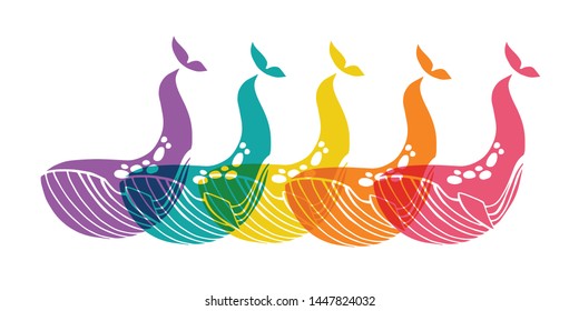 Cute Rainbow Color Set or Collection of Animal Cartoon Whale. Flat Line Icon, Sign, and Symbol on Isolated Background. Vector Illustration.