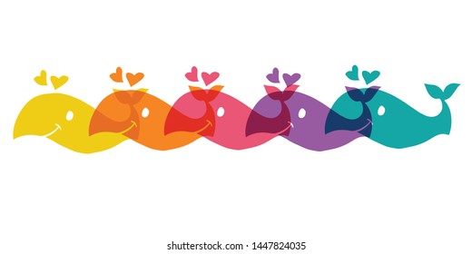 Cute Rainbow Color Set or Collection of Animal Cartoon Whale. Flat Line Icon, Sign, and Symbol on Isolated Background. Vector Illustration.