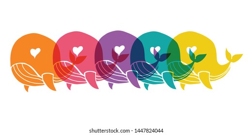 Cute Rainbow Color Set or Collection of Animal Cartoon Whale. Flat Line Icon, Sign, and Symbol on Isolated Background. Vector Illustration.