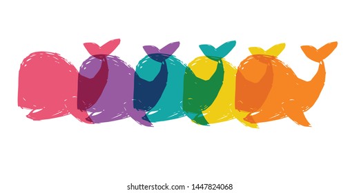 Cute Rainbow Color Set or Collection of Animal Cartoon Whale. Flat Line Icon, Sign, and Symbol on Isolated Background. Vector Illustration.