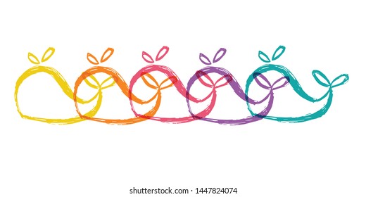 Cute Rainbow Color Set or Collection of Animal Cartoon Whale. Flat Line Icon, Sign, and Symbol on Isolated Background. Vector Illustration.