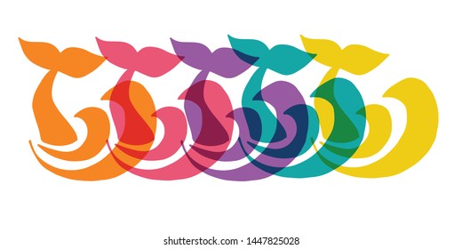 Cute Rainbow Color Set or Collection of Animal Cartoon Whale Tail. Flat Line Icon, Sign, and Symbol on Isolated Background. Vector Illustration.