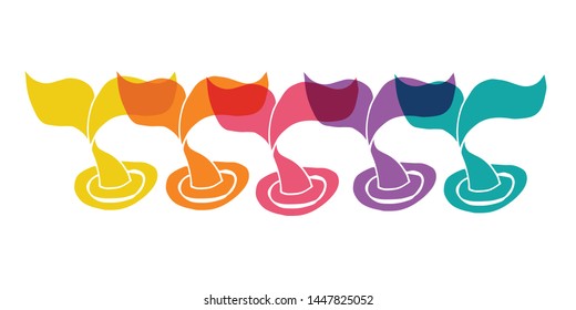 Cute Rainbow Color Set or Collection of Animal Cartoon Whale Tail. Flat Line Icon, Sign, and Symbol on Isolated Background. Vector Illustration.