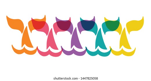 Cute Rainbow Color Set or Collection of Animal Cartoon Whale Tail. Flat Line Icon, Sign, and Symbol on Isolated Background. Vector Illustration.