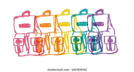 Cute Rainbow Color Set or Collection of Bag for Back To School for Students. Flat Line Icon, Sign, and Symbol on Isolated Background. Vector Illustration.