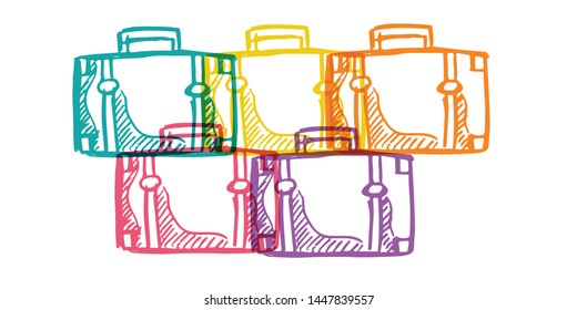 Cute Rainbow Color Set or Collection of Bag for Back To School for Students. Flat Line Icon, Sign, and Symbol on Isolated Background. Vector Illustration.