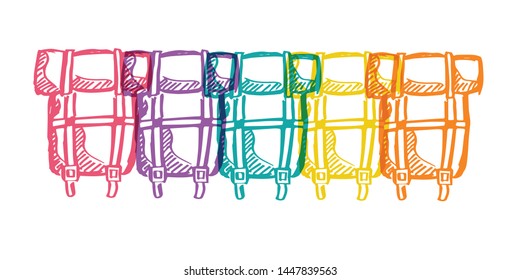 Cute Rainbow Color Set or Collection of Bag for Back To School for Students. Flat Line Icon, Sign, and Symbol on Isolated Background. Vector Illustration.
