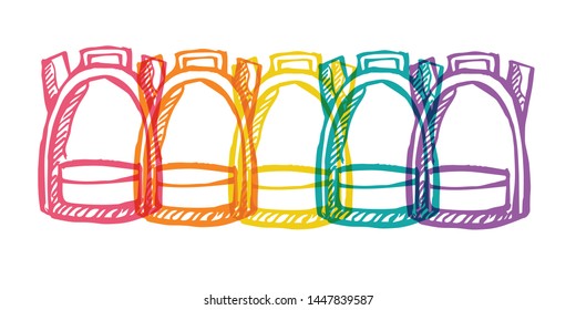 Cute Rainbow Color Set or Collection of Bag for Back To School for Students. Flat Line Icon, Sign, and Symbol on Isolated Background. Vector Illustration.