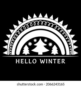 Cute rainbow composition Hello winter! Vector winter illustration in flat style for design. Happy New Year, Merry Christmas, Cozy Winter. Rainbow, tree, snowflakes