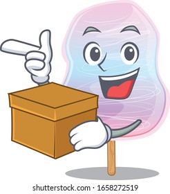 Cute rainbow cotton candy cartoon character having a box
