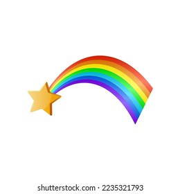 Cute rainbow curve with star sticker. Vector illustration of childish colorful arc. Cartoon curved rainbow with star in sky isolated on white background. Weather, fairytale concept