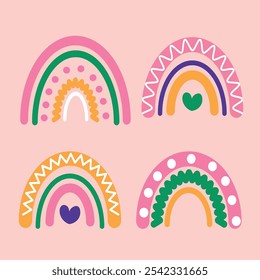 Cute Rainbow Decoration Hand Drawn Collection, Hand drawn rainbow icons for kids posters, wrapping, textile, wallpaper, prints, fabric.