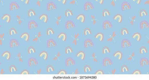 Cute rainbow and dragonfly seamless pattern. Scandinavian pattern in muted pastel colors. Hand-drawn vector illustration. Design for textiles, packaging, wrappers