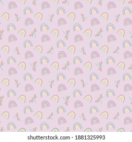 Cute rainbow and dragonfly seamless pattern. Scandinavian pattern in muted pastel colors. Hand-drawn vector illustration. Design for textiles, packaging, wrappers
