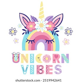 Süße Regenbogen mit Elementen magischen Einhorn und Text Einhorn Vibes. Vektorgrafik, handgezeichnet, einzeln auf weißem Hintergrund