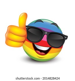 Cute rainbow emoticon with thumbs up, emoji - vector illustration