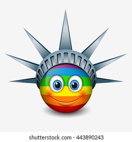 Cute rainbow emoticon wearing Statue of Liberty crown - New York - emoji - smiley - vector illustration