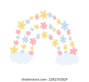 Cute rainbow with flowers isolated on white background for kids. Illustration in hand drawn style for posters, prints, cards, fabric, children's books. Vector illustration