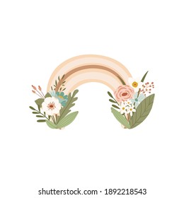 Cute rainbow with flowers in pastel colors isolated on white background for kids. Illustration in hand drawn style for posters, prints, cards, fabric, children's books. Vector