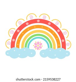 Cute rainbow with flowers. Vector Illustration for printing, backgrounds, covers, packaging, greeting cards, posters, stickers, textile and seasonal design. Isolated on white background.