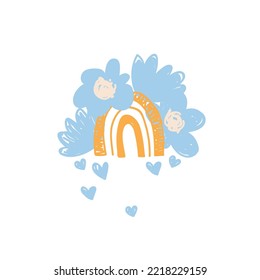 Cute rainbow with flowers. Vector Print for kids room decoration, fabric, paper, card, t shirt, poster, textile. Vector illustration