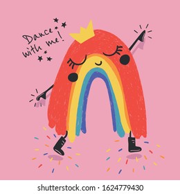 Cute rainbow graphic dancing.graphic for t-shirts.Vector hand drawn illustration.