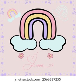 Cute rainbow hand drawn design for background, poster. Lovely Nursery Art with Pastel Color 