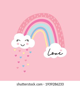 Cute Rainbow With Happy Clouds And Love Text