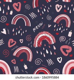 Cute rainbow and heart romantic seamless pattern. Bright pattern for Valentine's Day. illustration in a fashionable Scandinavian style. Vector