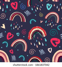 Cute rainbow and heart romantic seamless pattern. Bright pattern for Valentine's Day. illustration in a fashionable Scandinavian style. Vector