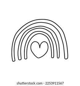 Arcoiris lindo con ilustración del vector cardíaco. Dibujo de la mano de un adorable arco iris