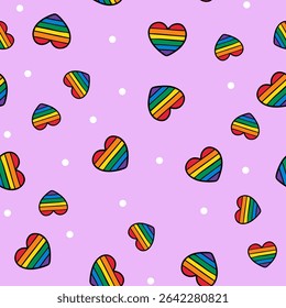 Cute rainbow hearts pattern on a pastel purple background, with small white dots.  Vector illustration for print.